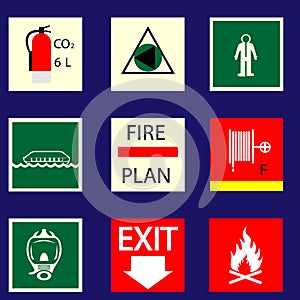 Fire plan icons on ships, exit signs and rescue marriages photo