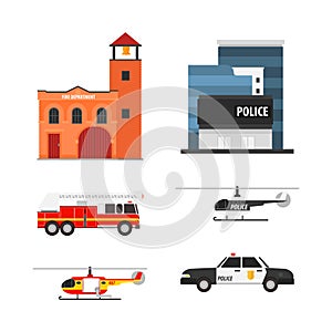 Fire and Police Department as Emergency City Services Building with Transport Vector Set