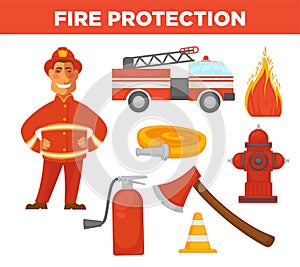 Fire protection and extinguishing equipment tools icons.
