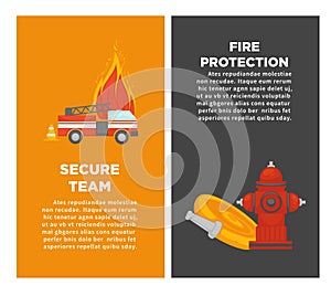 Fire protection or firefighting secure team vector poster of firefighter extinguishing equipment