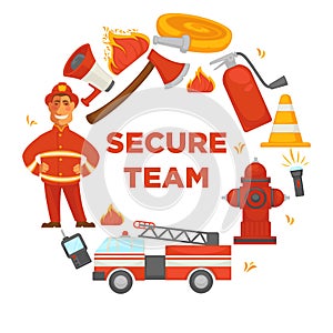 Fire protection secure team poster of firefighter extinguishing equipment vector flat icons