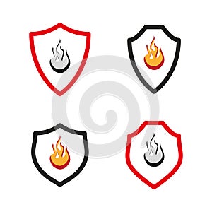 Fire protection shield set. Flame safety symbol. Firewall security icons. Vector illustration. EPS 10.