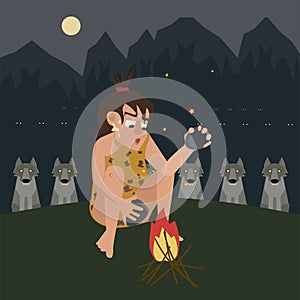 Fire protects a caveman from predator vector cartoon