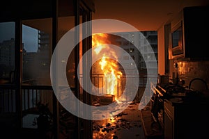 A fire rages in a room with a balcony, as flames engulf the indoor space., Night fire blazing in an apartment, AI Generated