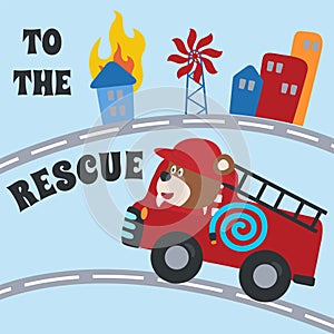 Fire rescue car with funny firefighter  vector cartoon  Cartoon  vector illustration  Creative vector childish background for