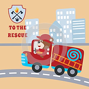 Fire rescue car with funny firefighter  vector cartoon  Cartoon  vector illustration  Creative vector childish background for