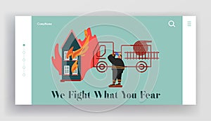 Fire rescue Department Landing Page. Fireman Fighter with Equipment Set, Truck, Hydrant, Extinguisher. Firefighter