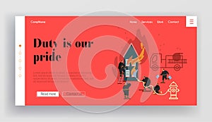 Fire rescue Department Landing Page. Fireman Fighter Team with Equipment Set, Truck, Hydrant, Extinguisher. Firefighter