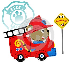 Fire rescue with funny traffic sign, vector cartoon illustration