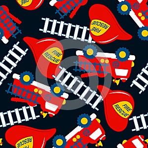 Fire Rescue with red helmet and truck seamless pattern