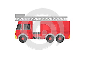 Fire rescue red truck with ladder cartoon flat vector illustration isolated.