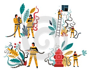 Fire rescue team, firefighters with hose and hydrant, isolated icons