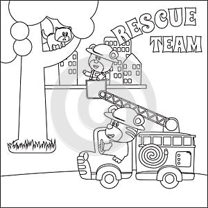 Fire rescue team with funny firefighter  vector cartoon  Cartoon isolated vector illustration  Creative vector Childish design for