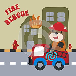 Fire rescue team with funny firefighter  vector cartoon  Creative vector childish background for fabric  textile  nursery
