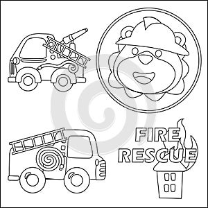 Fire rescue team with funny firefighter, vector cartoon, Cartoon isolated vector illustration, Creative vector Childish design for