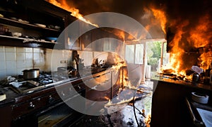 A fire in a residential kitchen. Home insurance and safety