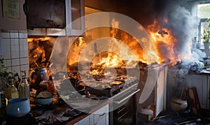 A fire in a residential kitchen. Home insurance and safety