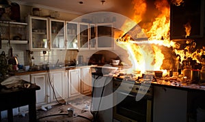 A fire in a residential kitchen. Home insurance and safety