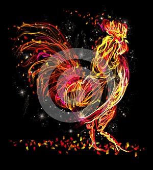 Fire rooster. Flaming animal sparkle cool design
