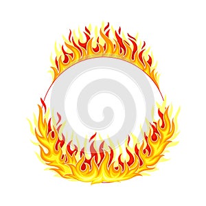 Fire Round Frame with Hot Burning Tongue of Flame and Border Line Vector Illustration