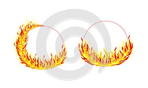 Fire Round Frame with Hot Burning Tongue of Flame and Border Line Vector Set