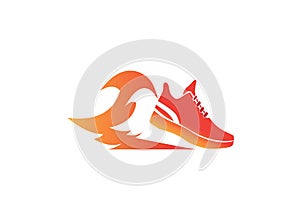 Fire running shoe in flames symbol on white backdrop logo