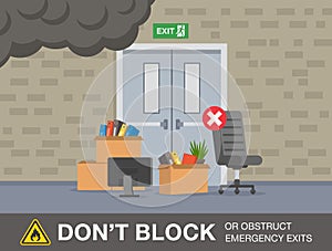 Fire safety activity. Do not block or obstruct emergency exits warning design. Blocked fire exit doors. photo