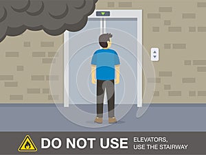 Fire safety activity. Young man waiting elevator. Do not use lifts to escape a fire.