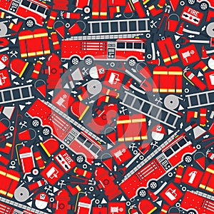 Fire safety attributes, bright pattern vector illustration. Fire truck, hydrant, fire extinguishing equipment