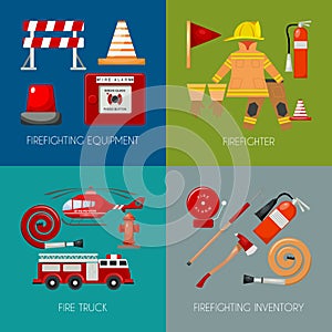 Fire safety banner vector illustration. Firefighter iniform and inventory. Helmet, gloves. Equipment as firehose hydrant