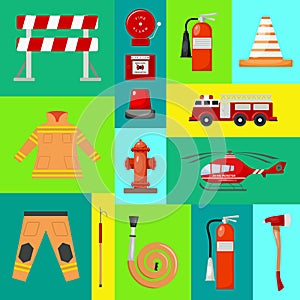 Fire safety banner vector illustration. Firefighter uniform and inventory. Helmet, gloves. Equipment as firehose hydrant
