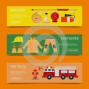 Fire safety banners vector illustration. Firefighting equipment and inventory firehose hydrant, alarm, bollard and