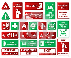 Fire safety, emergency signs, first aid, assembly point and exit symbols. Emergency fire hazard alarm, first aid symbols vector
