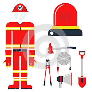 Fire safety equipment emergency tools firefighter safe danger accident protection vector illustration.