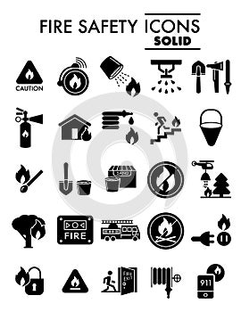 Fire safety glyph icon set, emergency symbols collection, vector sketches, logo illustrations, alarm signs solid