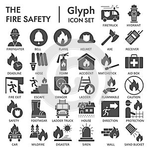 Fire safety glyph icon set, emergency symbols collection, vector sketches, logo illustrations, urgency signs solid