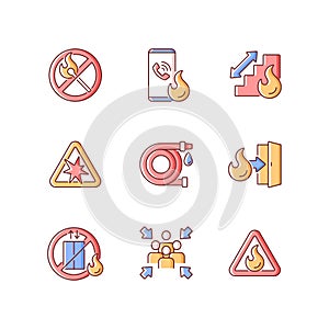 Fire safety guidelines RGB color icons set