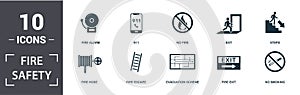 Fire Safety icon set. Contain filled flat 911, fire escape, no fire, fire exit, exit, no smoking icons. Editable format