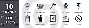 Fire Safety icon set. Contain filled flat smoke detector, fire extinguisher, report, alarm, sprinkler, no fire, fire axe, fire