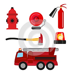 Fire safety icons set isolated on white background. Fire extinguisher, hydrant, fire alarm, ax and fire truck.