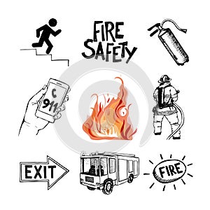 Fire safety and means of salvation. Icons set.