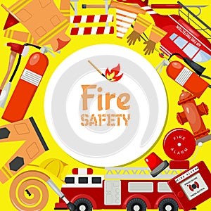 Fire safety round pattern vector illustration. Firefighting equipment and tools firehose hydrant, alarm, bollard and