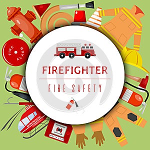 Fire safety round pattern vector illustration. Firefighting equipment and tools firehose hydrant, alarm, bollard and