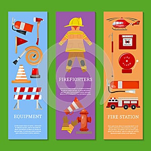 Fire safety set of banners vector illustration. Firefighter uniform and inventory. Helmet, gloves. Equipment as firehose