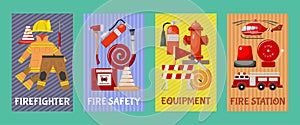 Fire safety set of cards, banners vector illustration. Firefighter uniform and inventory. Equipment as firehose hydrant