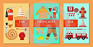 Fire safety set of cards, banners vector illustration. Firefighter uniform and inventory. Equipment as firehose hydrant