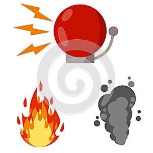 Fire safety. Set of items-Alarm siren ring, smoke, flame. Accident protection