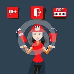 Fire safety sign vector illustration. Image for help during emergency, flame indoors. Girl in helmet show fire