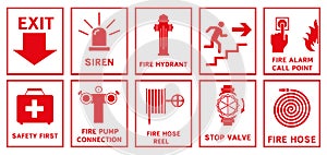 Fire safety sign. Fire warnings and actions. Vector illustration