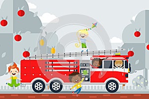 Fire safety study excursion, vector illustration. Children have fun in fire engine. Boy, girl learn about fireman work